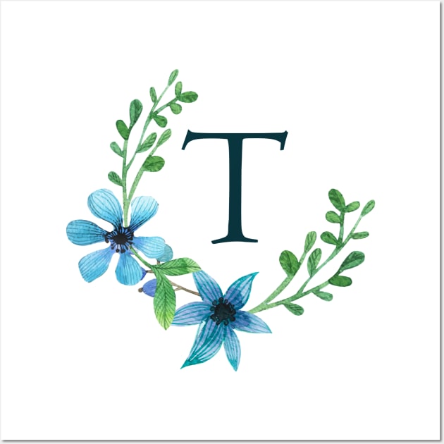 Floral Monogram T Pretty Blue Flowers Wall Art by floralmonogram